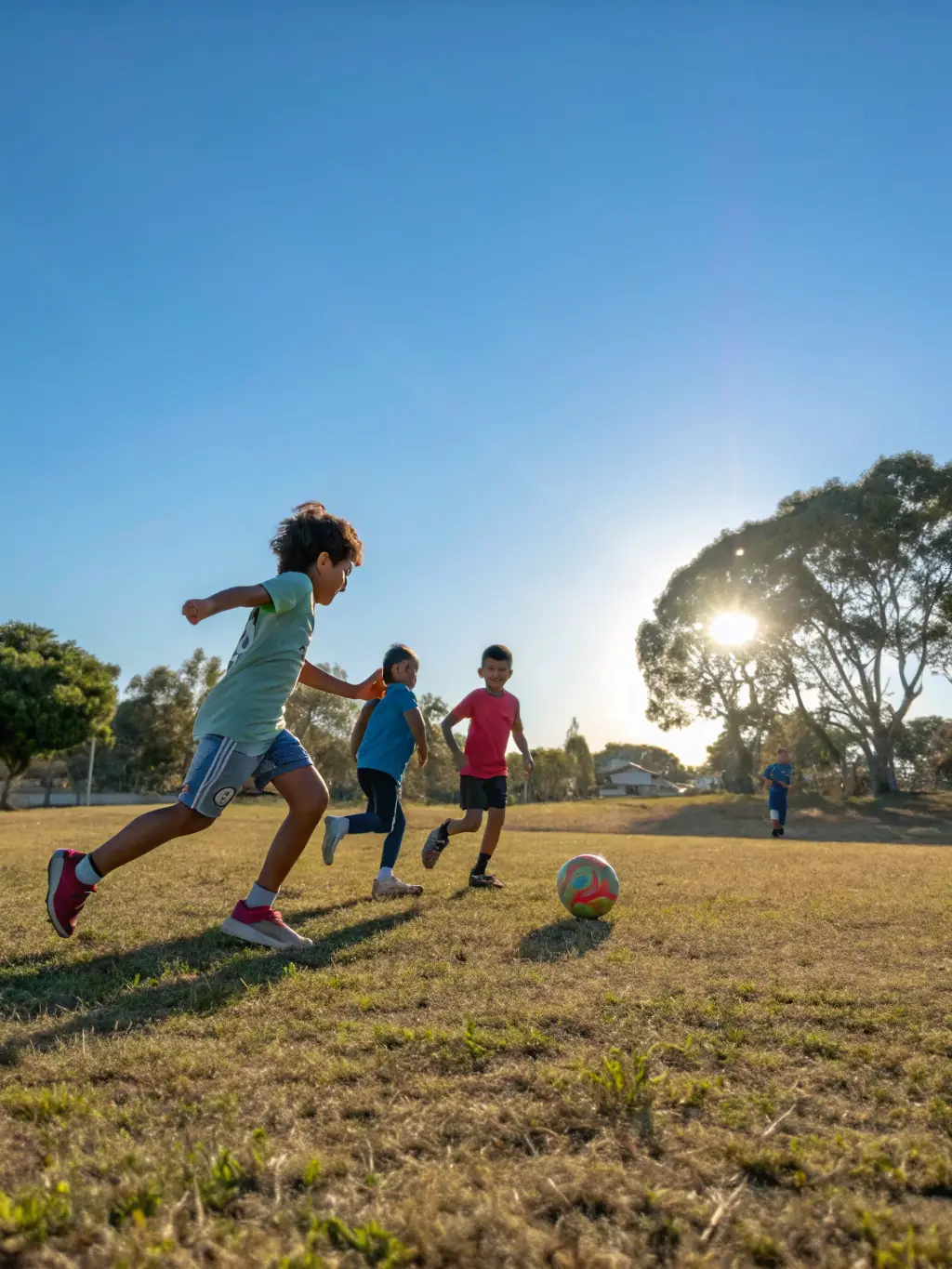 A dynamic shot of children playing soccer during a sunny afternoon practice, showcasing teamwork and fun.