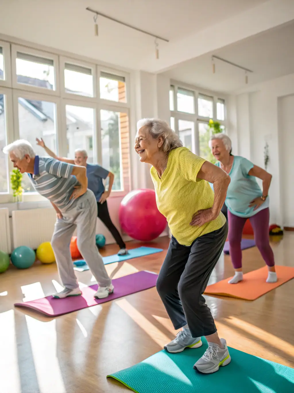 A motivating image of seniors engaging in a gentle exercise class, promoting health and well-being, in a community hall in Pays de Fénelon.