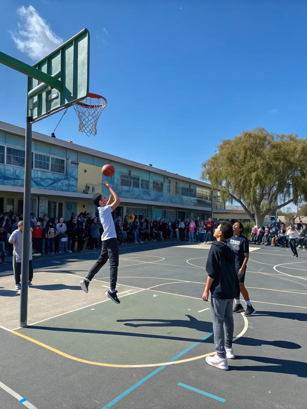 A dynamic image of teenagers playing basketball, emphasizing agility and coordination, taken during a community sports event in Fénelon.