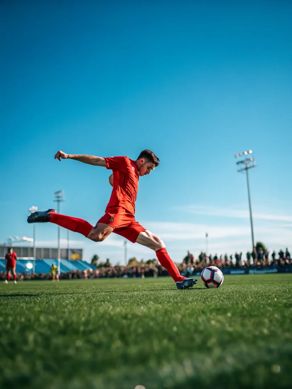 A vibrant action shot of students playing soccer on the Sciences Po Nancy campus field during a sunny afternoon, showcasing teamwork and athletic spirit.
