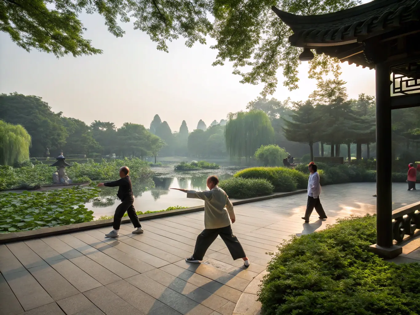 A serene image of seniors practicing Tai Chi in a park, promoting wellness and relaxation, with the UNION SPORTIVE PAYS DE FENELON volunteers assisting them.