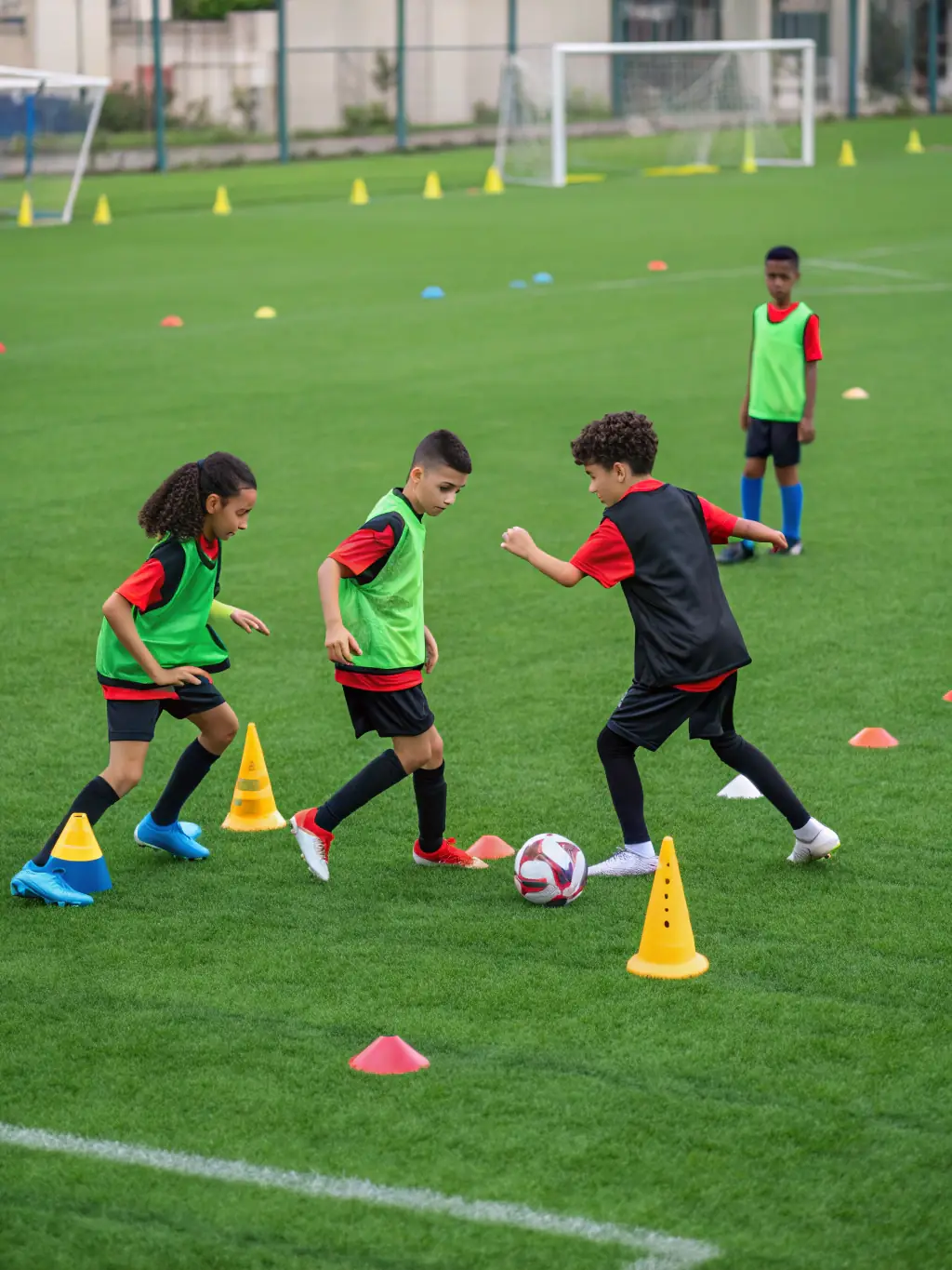 A vibrant image of children participating in a soccer training session, showcasing teamwork and active engagement, set in a local park in Pays de Fénelon.