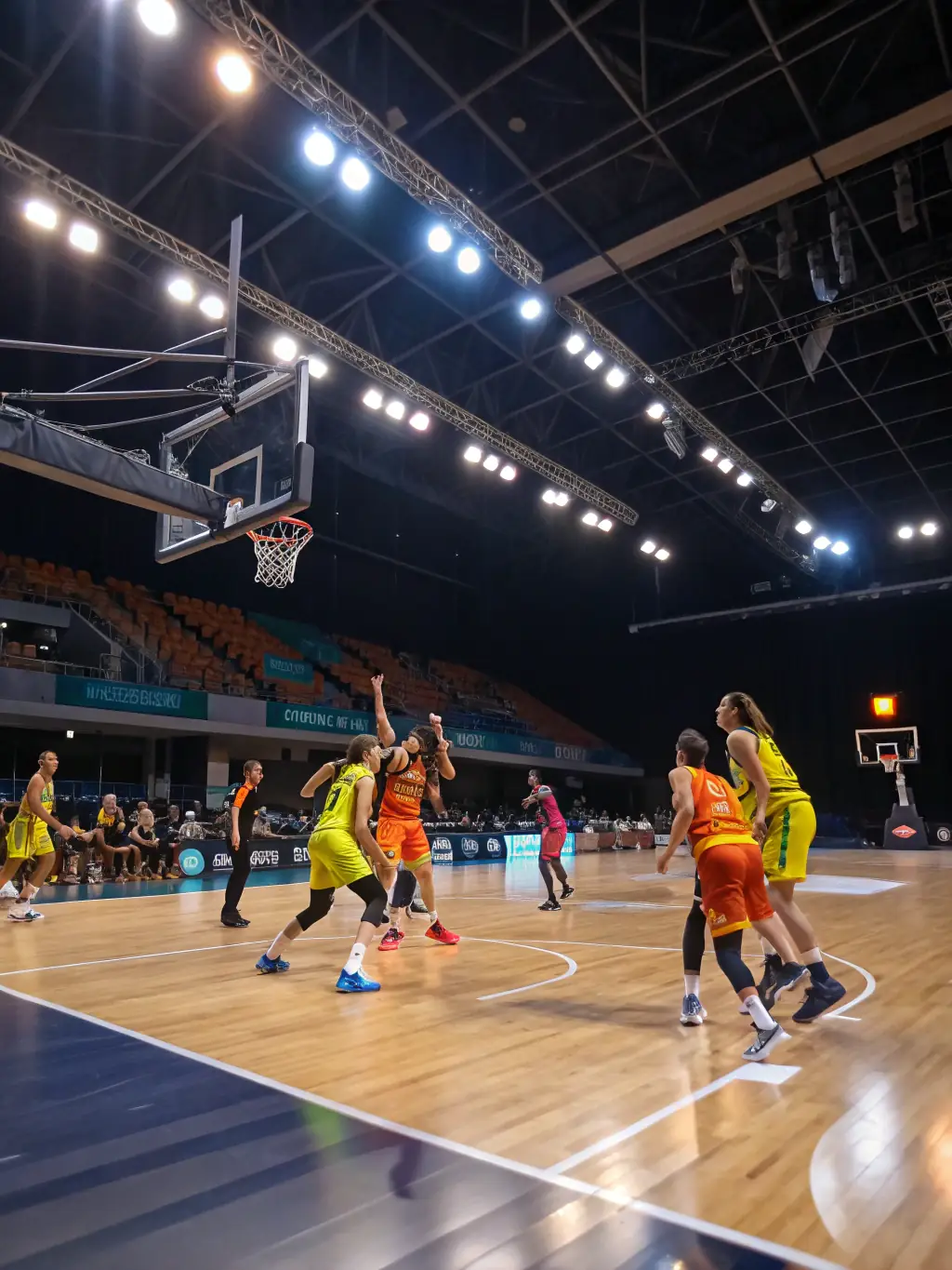 A group of adults participating in a basketball game at the local community center, emphasizing fitness and camaraderie.