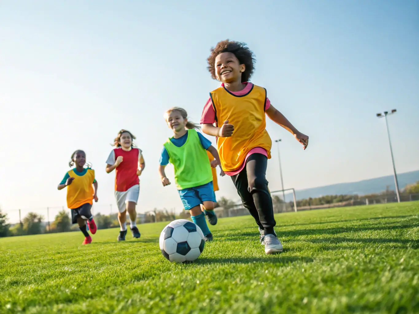 A vibrant image of children playing soccer in a local park, showcasing teamwork and youthful energy, with the UNION SPORTIVE PAYS DE FENELON logo subtly visible in the background.