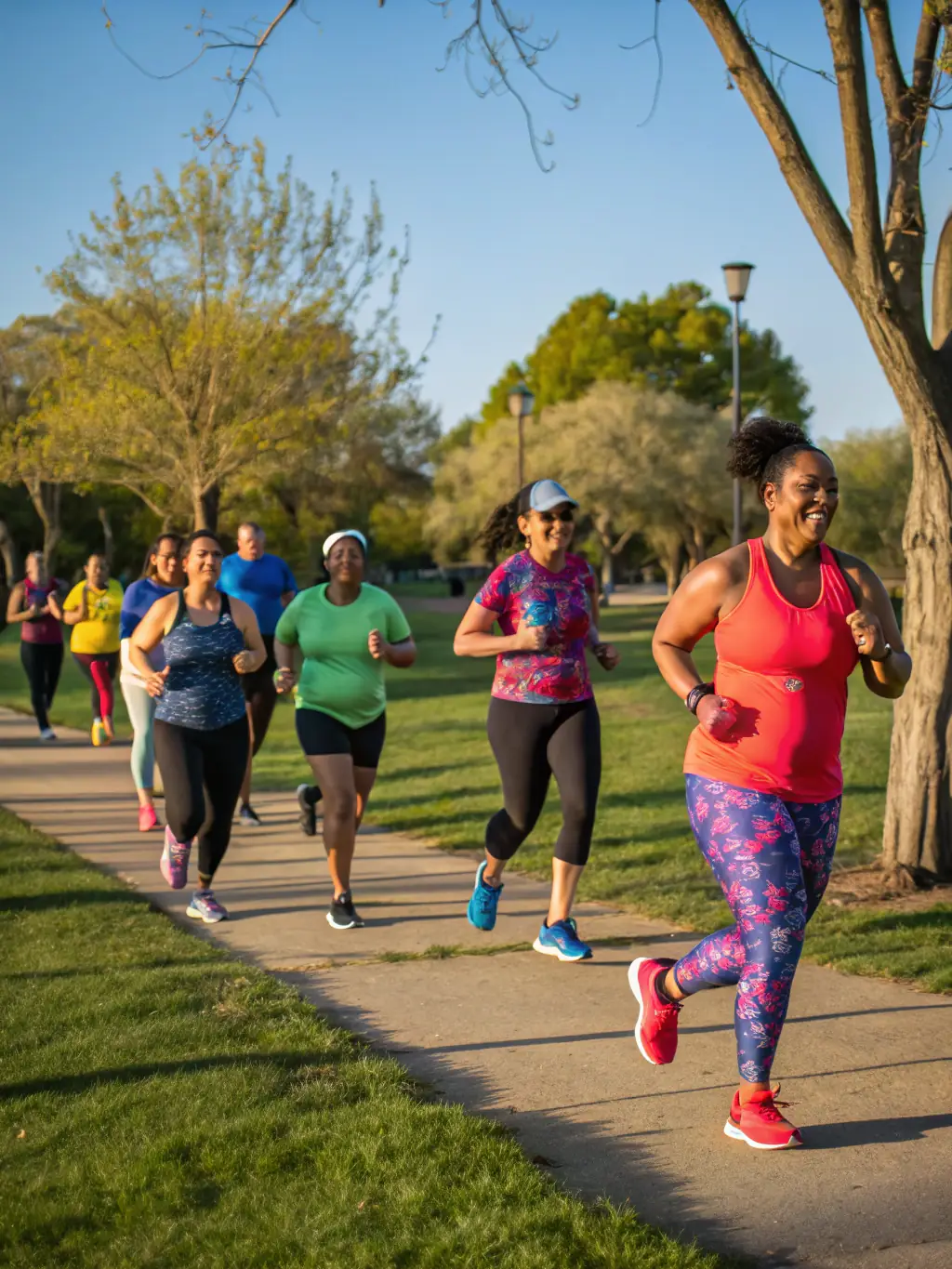 A diverse group of people running in a local marathon, promoting health and community involvement.