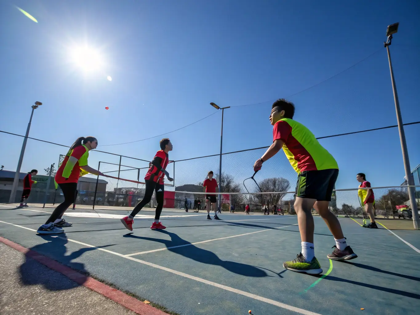 An action shot of handball players in a training session, focusing on skill development and teamwork, set against the backdrop of a sunny outdoor court in Cabestany.