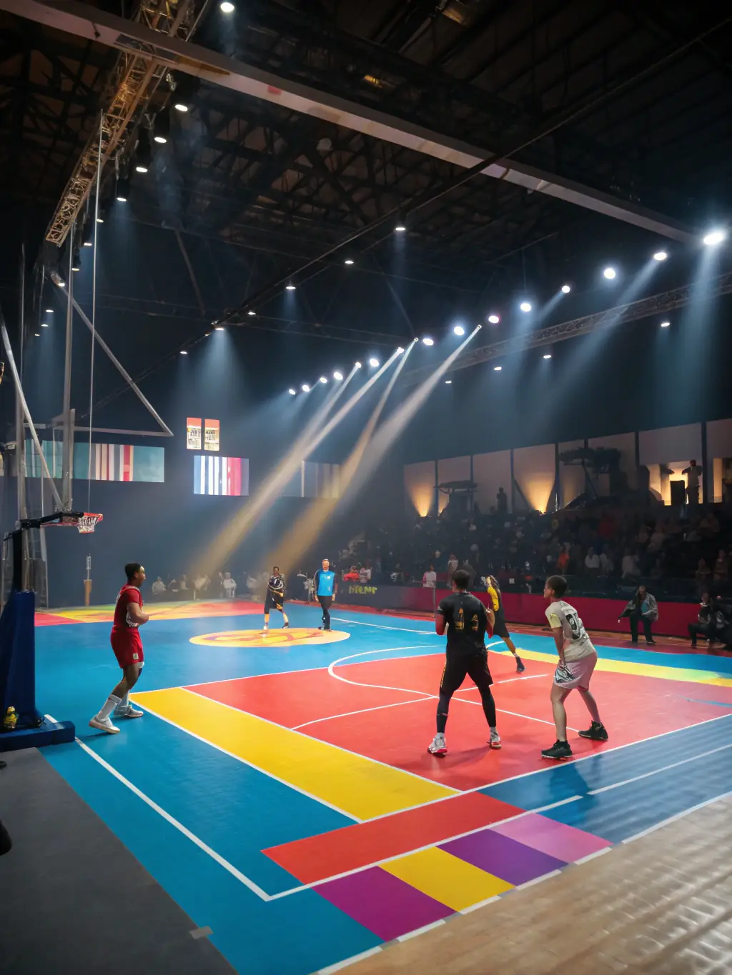 A dynamic action shot of young handball players in a training session, focusing on teamwork and skill development, set against the backdrop of the Cabestany sports hall.