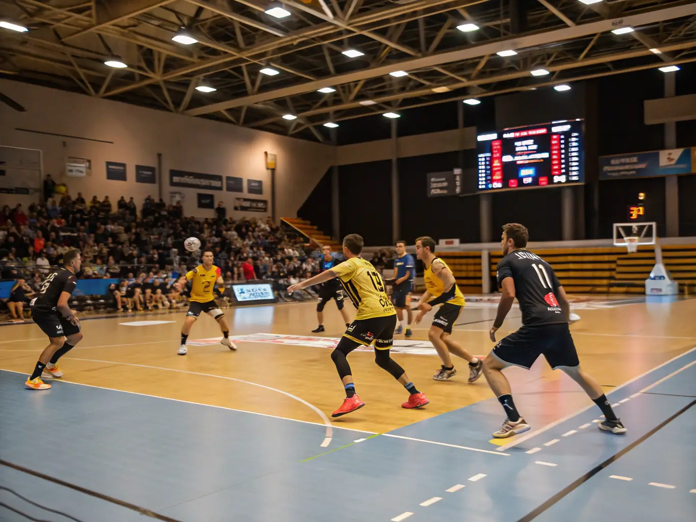 A diverse group of handball players participating in an inclusive sports development program, showcasing the club's commitment to welcoming all ages and skill levels in Cabestany.