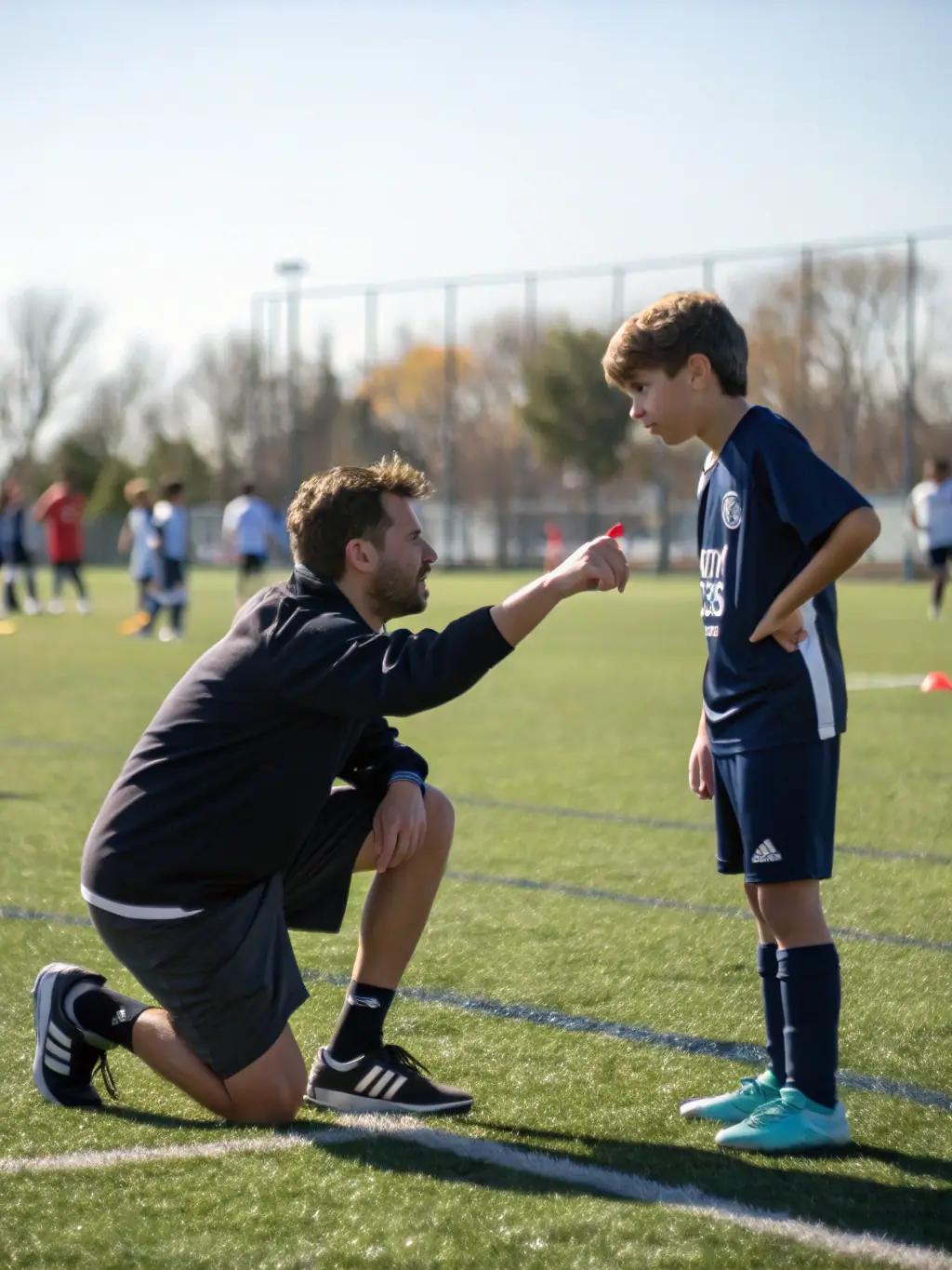 A close-up image of a coach providing personalized instruction to a player during a training session, highlighting the club's commitment to individual development.
